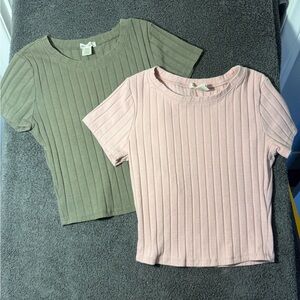 Set of Bozzolo Olive and Pink Green Ribbed Short Sleeve‎ Tee